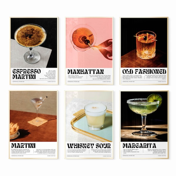 70s COCKTAIL Gallery Wall Art Set | Bar Cart Prints | Retro Cocktail Wall Art | Cocktails Poster | Trendy Wall Art collage | Bar Cart Set