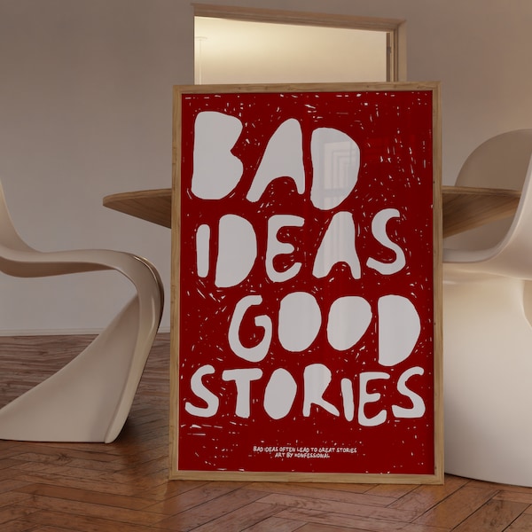 Bad Ideas Good Stories Print, Retro Poster, Quote Print, Trendy Wall Art, Check Print, Dorm Room Decor, Aesthetic Wall Art Digital Printable