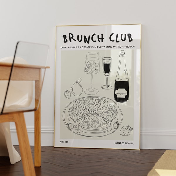 Brunch Club Poster, Vintage Food Poster, Retro Food Art, Mid Century Modern Print, Modern Kitchen Wall Art, Food Sketch Illustration Art