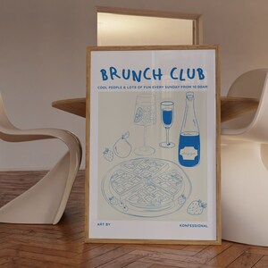 Brunch Club Poster, Vintage Food Poster, Retro Food Art, Mid Century Modern Print, Modern Kitchen Wall Art, Blue Food Sketch Ilustration Art