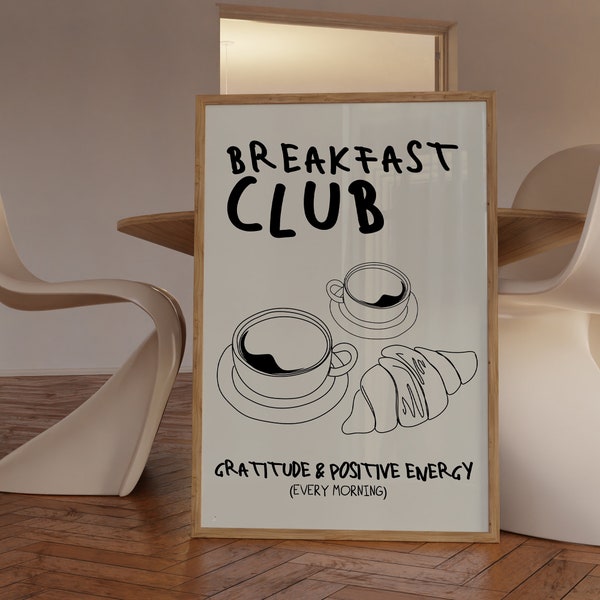 Breakfast Club Poster, Vintage Food Poster, Retro Food Art, Mid Century Modern Print, Modern Kitchen Wall Art, Coffee and Croissant Print