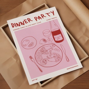Dinner Party Poster, Vintage Cocktail Poster, Retro Food Art, Mid Century Modern Print, Modern Kitchen Wall Art, 70s Aesthetic Print Digital