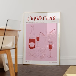 Aperitif Poster, Vintage Cocktail Poster, Retro Food Art, Mid Century Modern Print, Modern Kitchen Wall Art, Bar Cart Print, Champagne Pink