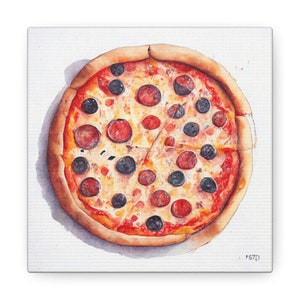 Olive Pepperoni Pizza | Art Illustration | Poster Print | Food Art