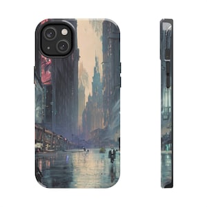 May include: A phone case with a cityscape illustration. The city is depicted in a futuristic style with tall buildings and a wet, reflective street.