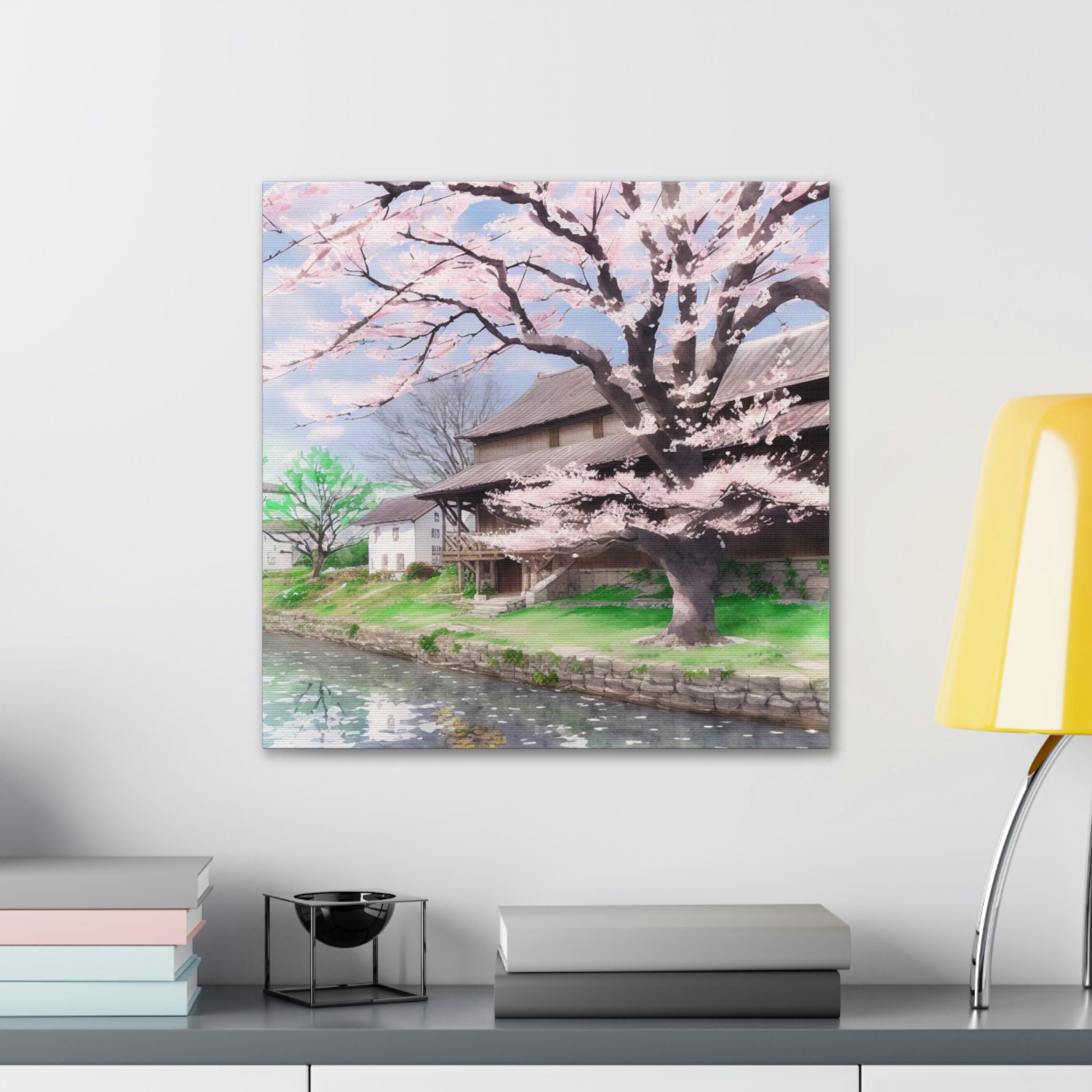 Riverside Cherry Blossom Watercolor Canvas Print Landscape Art - Etsy