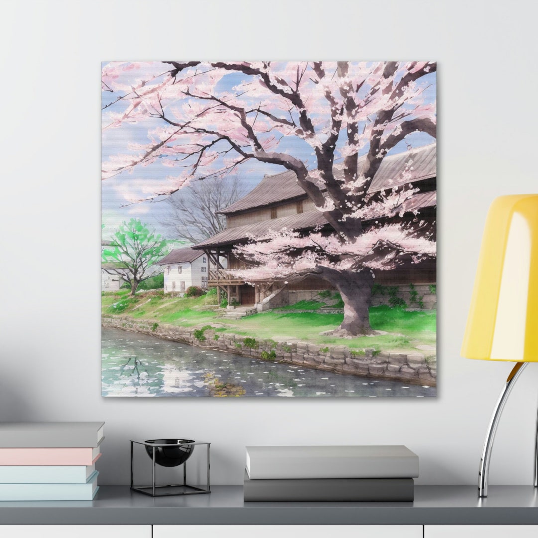 Riverside Cherry Blossom Watercolor Canvas Print Landscape Art - Etsy