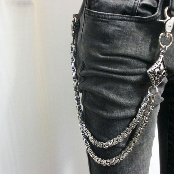 Double chaîne de sécurité en acier inoxydable pour portefeuille porte-clés Fleur de Lis blason mousqueton accessoires de mode femme homme portefeuille