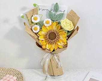 Crochet Sunflower Bouquet: Everlasting Floral Gift with Rose or Tulip