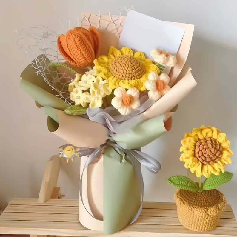 Knitted Flowers Crochet Flowers Bouquet Handmade, Sunflower, Home