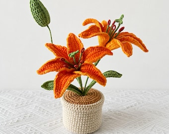 Crochet Tiger Lily Flower Pot, Single or Double Bloom, Handmade Home Decor Gift
