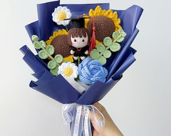 Handmade Crochet Graduation Bouquet: Knitted Graduate Plush & Sunflowers