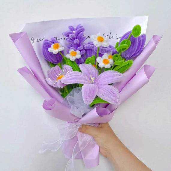 Pipe Cleaner Purple Flower Bouquet : Lily, Tulip, Rose, Daisy