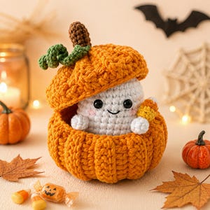 Fantasma de ganchillo hecho a mano en una calabaza: decoración de Halloween y soporte para dulces.