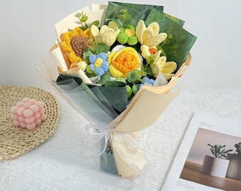 Handmade Crochet Flower Bouquet – Tulips, Roses & Sunflowers | Forever Floral Arrangement Gift
