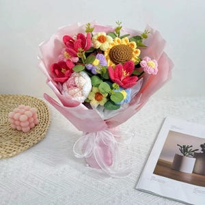 Handmade Crochet Flower Bouquet – Tulips, Roses & Sunflowers | Forever Floral Arrangement Gift