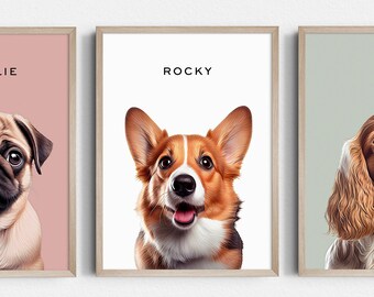 Op de afbeelding: Drie ingelijste huisdierportretten van honden. Het eerste portret is van een mops genaamd Charlie op een roze achtergrond. Het tweede portret is van een corgi genaamd Rocky op een witte achtergrond. Het derde portret is van een spaniel genaamd Lily op een lichtgroene achtergrond.