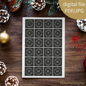 Advent calendar numbers 1 – 24 “Chalk” black and white, round or square to print out // instant download
