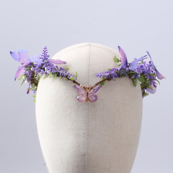 Purple Butterfly Fairy Crown Elf Tiara Elven Forest Headpiece Boho Bridal Wedding Head Piece Wood Leaf Crown Woodland Headband Elvish Dress