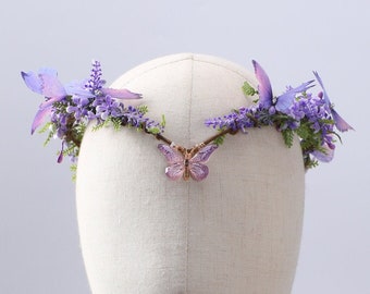 Papillon violet fée couronne elfe diadème forêt elfique casque bohème mariée mariage tête pièce bois feuille couronne boisé bandeau robe elfique