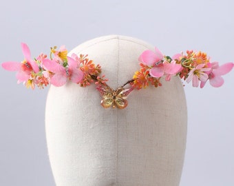 Fairy Crown Butterfly Elf Tiara Elven Wood Headpiece Boho Pastel Wedding Fantasy Bridal Head Piece Pink Floral Headband Forest Elvish Dress