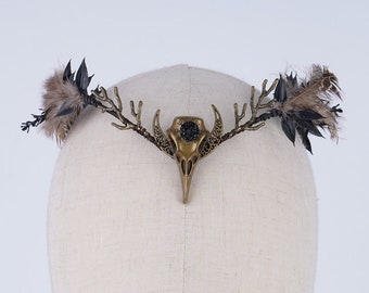 Couronne de lune elfe avec plumes couronne de mariage elfique gothique des bois sorcière couronne casque fée diadème elfique vintage casque front bijoux