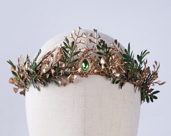 Couronne de mariage florale en or, couronne de fée, casque de la reine des bois elfique, diadème d'elfe, couronne de fleurs de fille, casque fait main, bandeau elfique