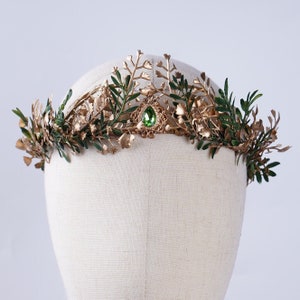 Gold Floral Wedding Crown, Fairy Crown, Elven Queen Woodland Headpiece, Elf Tiara, Flower Crown Girl, Handmade Headpiece, Elven Headband