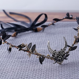 Moon Elven Crown Black Elf Tiara Leaf Headpiece Fairy Crown Witch Elf Tiara Gothic Headband Elven Dress Bridal Wedding Crown Elf Elven Gift