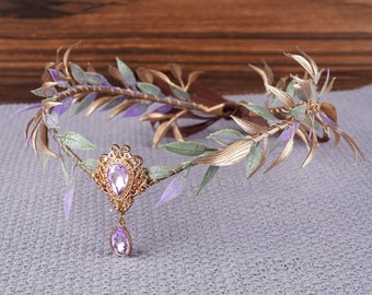 Couronne de fée diadème d'elfe feuille d'or violet couronne en bois fille elfique casque Costume de fée diadème Woodland Faire diadème Boho mariage bandeau