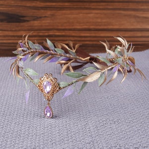 Couronne de fée diadème d'elfe feuille d'or violet couronne en bois fille elfique casque Costume de fée diadème Woodland Faire diadème Boho mariage bandeau