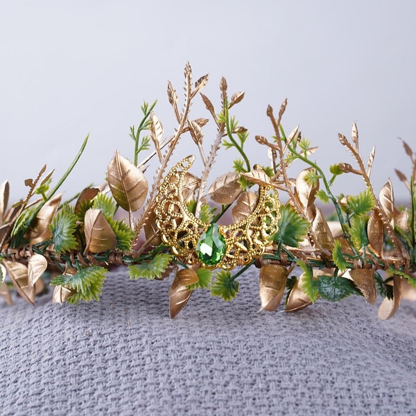 Gold Moon Floral Wedding Crown, Fairy Queen Woodland Headpiece, Elven Crown, Elf Tiara, Forest Crown Girl Handmade Headpiece, Elven Headband