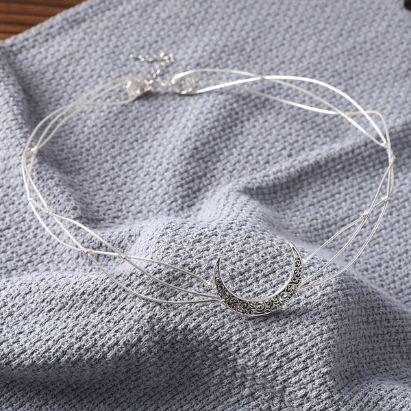 Elf Tiara Silver Moon Circlet Metal Wire Men Crown Elven Wedding Headpiece Bridal Headband Forehead Dainty Jewelry Accessorize Gift for Her