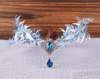 Fairy Crown Elf Tiara Silver Blue Green Leaf Wood Crown Girl Elven Headpiece Fairy Costume Circlet Woodland Faire Diadem Wedding Headband