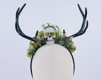 Flower Horn Crown Unique Skull Antler Headband Elven Elf Headpiece Black Gold Green Floral Wedding Tiara Bridal Crown Gothic Wood Head Piece