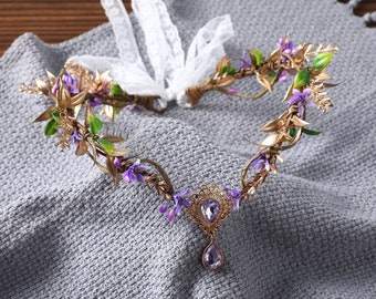 Couronne de cheveux de fleur de fée or violet, diadème elfique, casque d'elfe, diadème de fille de fleur, bandeau de mariée mariage bohème, robe couronne de fantaisie des bois