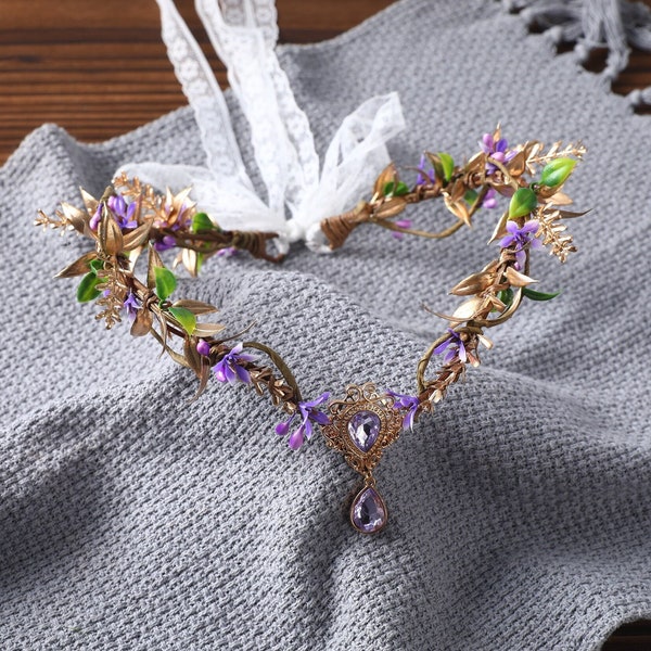 Purple Gold Fairy Flower Hair Crown, Elven Tiara,Elf Headpiece,Flower Girl Tiara, Boho Wedding Bridal Headband,Woodland Fantasy Wreath Dress