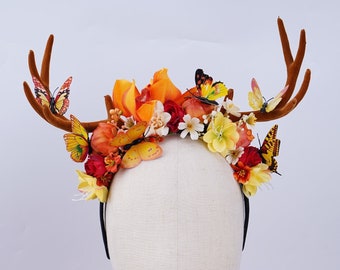 Fall Antler Butterfly Flower Headpiece Elven Autumn Wedding Crown Deer Costume Headband Woodland Fairy Headpiece Orange Floral Bridal Tiara