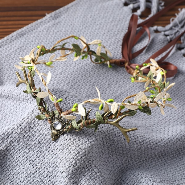 Elven Antler Crown Woodland Elf Tiara con corona de hadas de asta con ciervo hoja círculo élfico traje tiara, regalo de corona de boda del bosque para ella