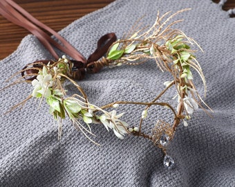 Couronne de fée diadème d'elfe feuille d'or verte couronne en bois fille elfique casque Costume de fée diadème Woodland Faire diadème bandeau de mariage bohème