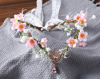Fairy Pink Floral Crown Bridal Pastel Boho Wedding Headpiece Rustic Flower Girl Wreath Elven Tiara Vintage Hair Crown Woodland Elf Headband