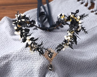 Feen-Stirnband, Boho-Hochzeit, Brautkrone, schwarz-goldenes Tiara mit Perle, Blumenmädchen-Elfenkrone für Frauen, Vintage-Haarband, dunkles Blatt-Kopfstück