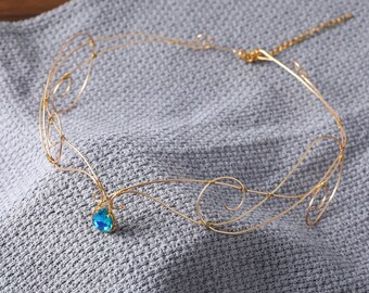 Gouden draad gewikkeld cirkel, blauwe diamanten bruiloft tiara, kristallen kroon, Keltische zendspoel, bruiloft kroon bruids tiara vintage meisje cadeau voor haar