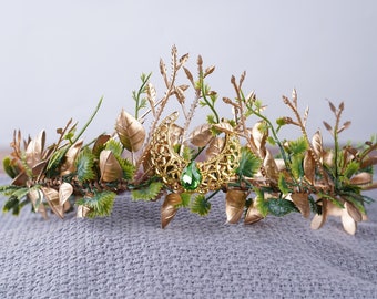 Couronne de mariage floral lune dorée, casque des bois de la reine des fées, couronne elfique, diadème d'elfe, casque fait main de fille de couronne de forêt, bandeau elfique