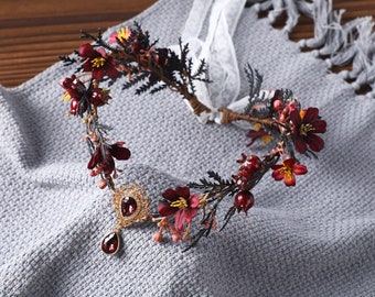 Fée rouge fleur couronne elfe des bois rustique Floral fille casque bohème mariage mariée vintage couronne de fleurs forêt diadème elfique bordeaux