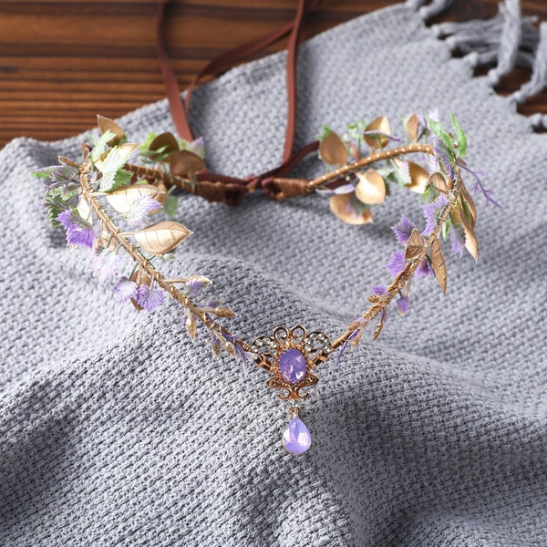 Fairy Crown, Elven Tiara,Elf Headpiece,Flower Girl Crown,Purple Red Leaf Fairy Circlet,Boho Wedding Bridal Headband,Woodland Fantasy Costume
