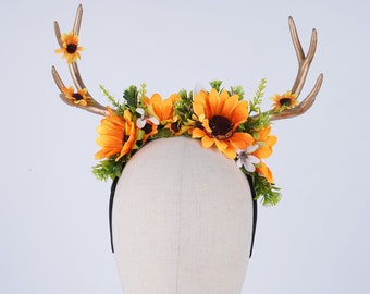Gold Antler Elven Crown, Fairy Deer Sunflower Floral Tiara Woodland Headpiece With Horn, Elvish Headband,Headdress, Forest Cosplay
