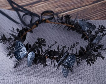 Papillon noir diadème elfique couronne de fleurs diadème elfique mariage mariée diadème gothique des bois sorcière casque fée bandeau elfe tête robe