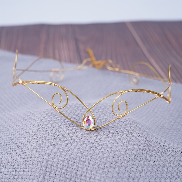 Colored Diamond Wire Wrapped Tiara Gold, Crystal Crown, Renaissance Festival Crown, Boho Wedding Crown Floral Bridal Tiara Vintage Girl Gift