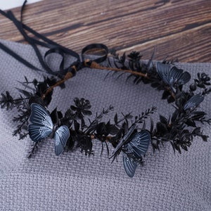 Black Butterfly Tiara Elven Flower Crown Elven Circlet Wedding Bridal Tiara Gothic Woodland Witch Headpiece Fairy Headband Elf Head Dress